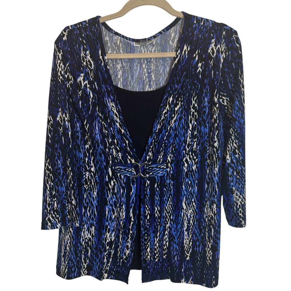 JM Collection Size XL Polyester Blue Black Snake Print Open Cardigan Ring Detail